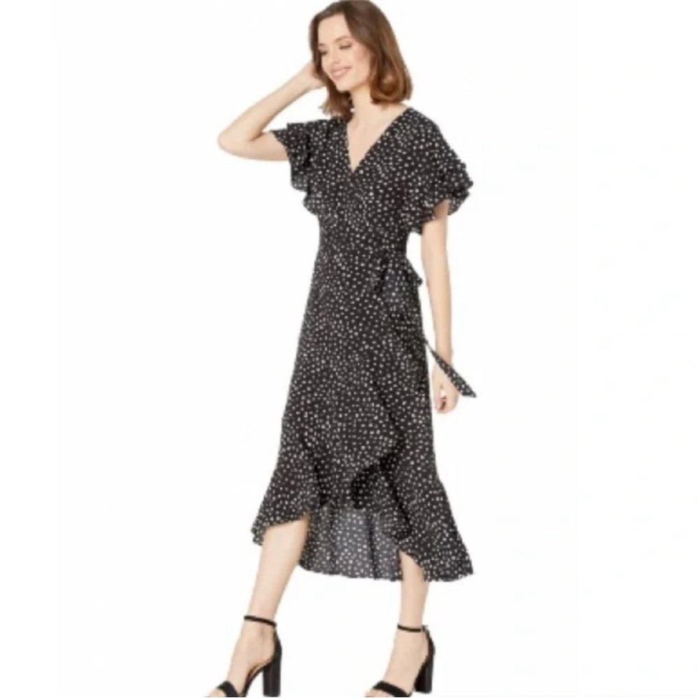 Max Studio Scattered Polka Dot Ruffle Wrap Midi Dress Black & White Breezy Large